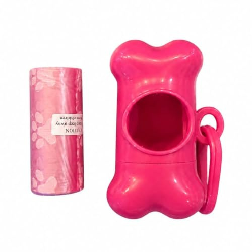 Dog Poop Bag Dispenser with 15 bags, Bone Shaped Dog Waste Bag Holder with Clip, Portable Refil Dog Walking Bag Dispenser for Leads, Harnesses, Bags & Belts - Pink