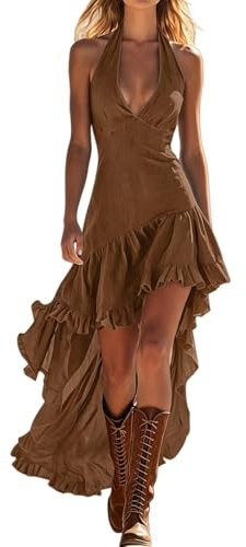 Ärmlös klänning för kvinnor med V-ringning - Aximetriska och draperade damklänningar eleganta volanger klänningar förlängd längd längd längd ärm halter axellös klänning kurvig klänning för semester
