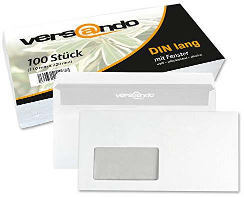 versando 100x Briefumschläge mit Fenster DIN lang 220x110mm weiß: selbstklebende Kuverts für Rechnungen, Geschäftsbriefe, Büro, einfach verschließbar mit Sichtschutz