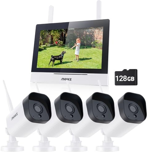 ANNKE Funk Überwachungskamera Aussen Set mit Monitor,4X 3MP WiFi Kamera mit 7 Zoll Wireless NVR Bildschirm,5MP 4CH NVR Überwachungskamera System,2-Wege-Audio, Nachtsicht in Farbe,128 GB SD-Karte