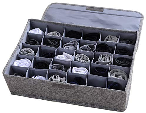 AARAINBOW 1 Pack Tie Drawer Organiser with Lid, Foldable Closet Underwear Storage Box, Fabric Sock Belt Scarf Knickers Lingerie Dividers for Dresser Wardrobe, 30 Cell, Gray
