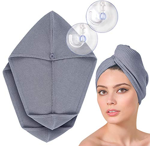 FABCARE Haarturban Schnelltrocknend - DERMATEST: SEHR GUT - Extra Saugfähiges Haarhandtuch mit Knopf - Turban Handtuch aus Mikrofaser für Lange Haare [2 Stück, grau]
