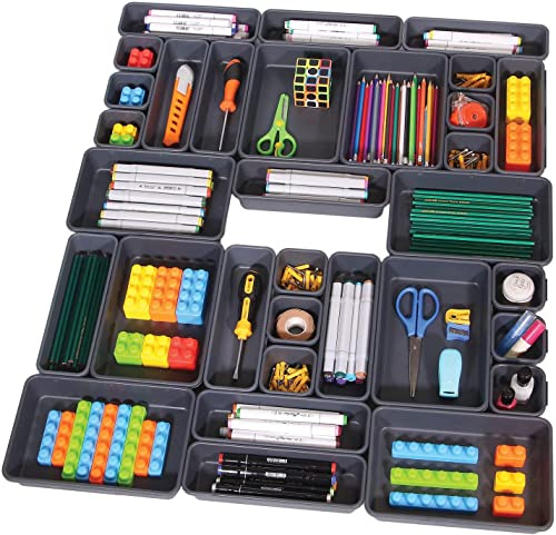 SENENQU Set med 24 lådor organisationssystem kontor, plast skrivbord organiseringslådor, förvaringslådor organisatör kontor för kök, badrum, kontorstillbehör, toalettbord, sovrum – mörkgrå