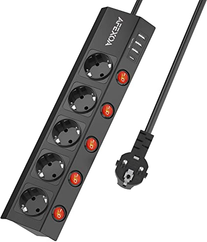 5fach Steckdosenleiste mit 2 USB-C Schnelllade Einzeln schaltbar Mehrfachsteckdose mit Schalter, Überspannungsschutz 1050J, AFEXOA Steckleiste Wandmontage mit 4 USB Ladegeräte, Schwarz
