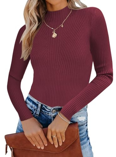 Famulily Maglione a collo alto a maniche lunghe da donna, in tinta unita, per autunno e inverno, vino, S