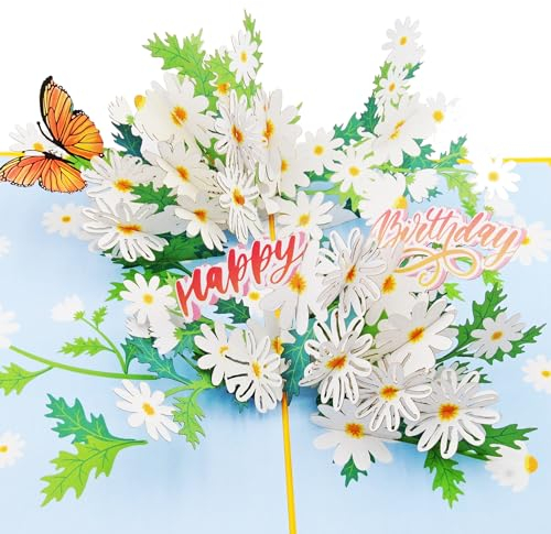Favour Pop Up® - eine wunderschöne 3D Karte mit Gänseblümchen und stilvoll integriertem Happy Birthday, auch für Geldgeschenk oder Gutschein. XPH913