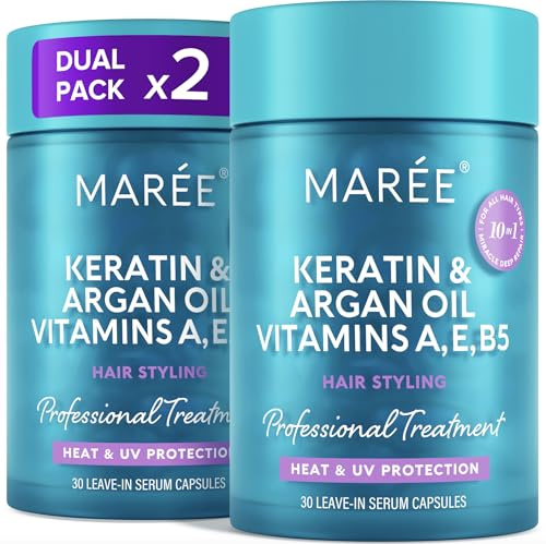 MAREE Hair Serum for Frizzy Dry Hair 2 PACK – Styling Capsules with Keratin, Argan Oil, Vitamins A E B5 – UV & Heat Protectant Frizz Control Serum for Women – Aceite Para el Cabello