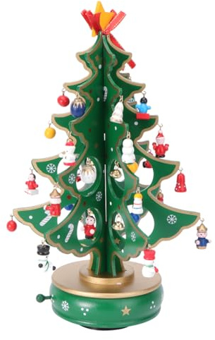 Cabilock Albero di Natale Classico Carillon in Legno con Meccanismo Orologio Design Albero di Natale con Pendenti di Pupazzo di Neve Miniatura Fatto a Mano Carillon Ornamenti per Feste di Natale
