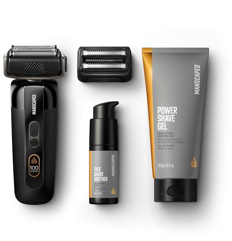 MANSCAPED® The Chairman™ PRO Package - Rasoio a lamina da uomo con due lame intercambiabili, lamina a quattro lame SkinSafe® e rifinitore per barba, gel Power Shave, siero dopobarba Face Shave Soother