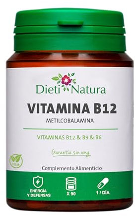 Dieti Natura Vitamina B12 Vegana 1000 µg - Alta Potencia con Quatrefolic Vitaminas B9 y B6 para Reducir la Fatiga - B12 Vitamina para el Metabolismo Energético y la Salud Nerviosa y Cerebral