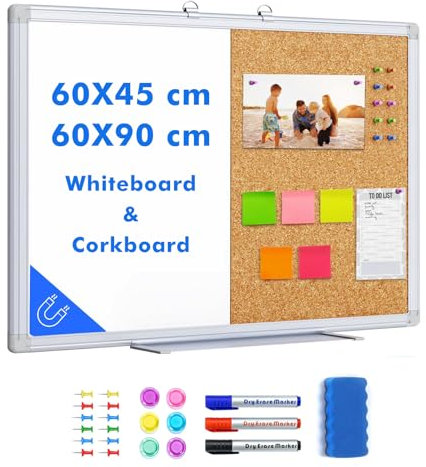 maxtek Pinnwand Kork und Whiteboard mit Aluminiumrahmen, 90 x 60 cm Magnettafel White Board Korktafel Kombination für Wohnung, Büro, Küche und Schule