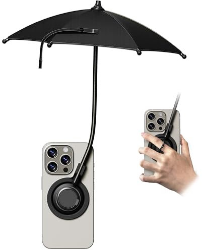 AXEFUN Black Magnetic Phone Umbrella with Flexible Shaft, Foldable Sunshade with 360° Adjustable Angle, Built-in Ring Holder, Compatible with iPhone 12-16 & More Devices, Magnetic Sticker Included