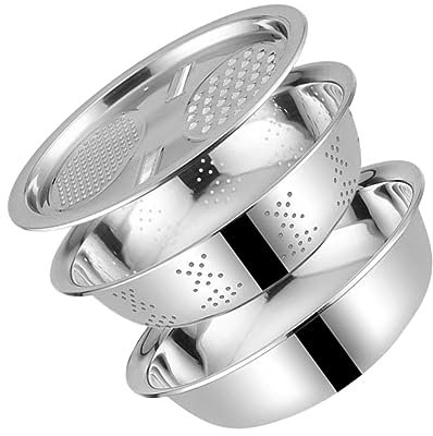 CIYODO Lot De 3 Passoires à Légumes Et Riz En Acier Inoxydable 26 Cm, Panier D'égouttage Multifonction Cutter Intégré, Panier à Laver Le Riz, Cuisine Et Préparation