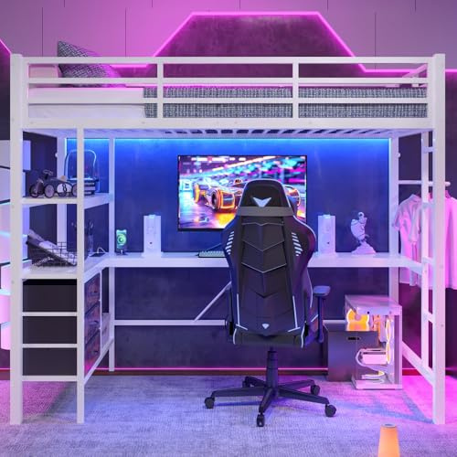 Sweiko Lit en Mezzanine 90x200 cm avec Éclairage LED, Bureau, Prise + USB, 3 Tiroirs, Étagères, Rails, Escalier, sans Matelas (White + Metal + 90cm*200cm)
