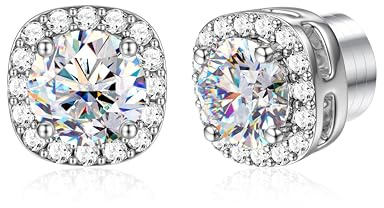 GEMQUEEN Moissanite Magnetic Earrings for Men : 18K White Gold Plated Hypoallergenic Stainless Steel Non Piercing Clip on Fake Earrings Studs Halo Square Diamonique Earring Women D Color VVS1 6MM