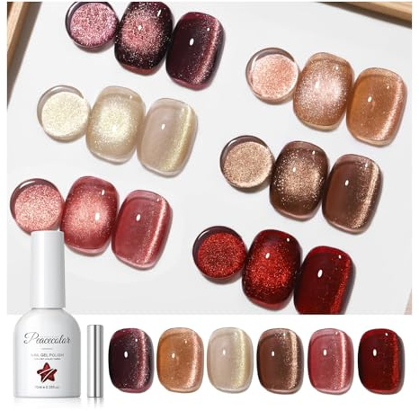PEACECOLOR Vernis Semi Permanent Marron Rouge, 6 Couleur Cat Eye Paillettes Gel Nail Polish Kit Vernis à Ongles Gel Kit Pour Salon De Manucure DIY Home 10ml