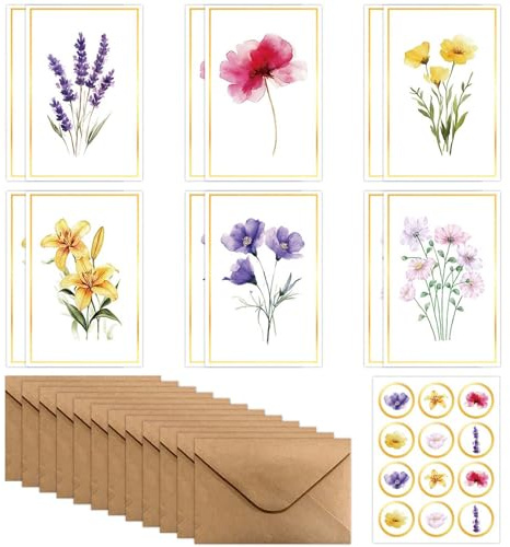 Greeting Card Blanks and Envelopes, Birthday Cards Multipack, 12 PCS Floral Blank Cards and Envelopes and Stickers for Birthdays, Christmas, New Year's, Valentines Day, Anniversaries