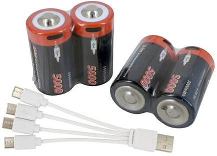 PowerSmart 4 batterie ricaricabili da 5000 mWh 1,5 V USB-C LR14 Baby C con cavo di ricarica USB 4 in 1 per radio, torce, illuminazione decorativa