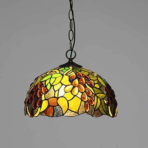XANAYXWJ Stil hängande ljus i sovrummet Study Pendel Lampretro Style Skärm i målat glas inomhusbelysning, E27~240V, D30cm*H100cm, druvblad