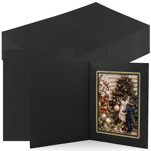 Golden State Art, Pack of 50, 5x7 Paper Photo Folders, Cardboard Picture Frames, Invitation Card, Great for Portraits, Special Events: Graduation, Christmas (Black with Gold Lining)