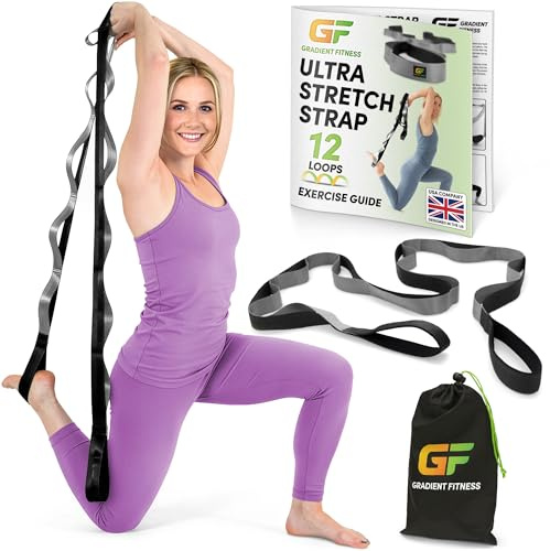 Gradient Fitness Stretching Strap, Premium Quality Multi-Loop Strap, Neoprene Padded Handles, 12 Loops, 1.5 W x 8' L (Black/Grey)