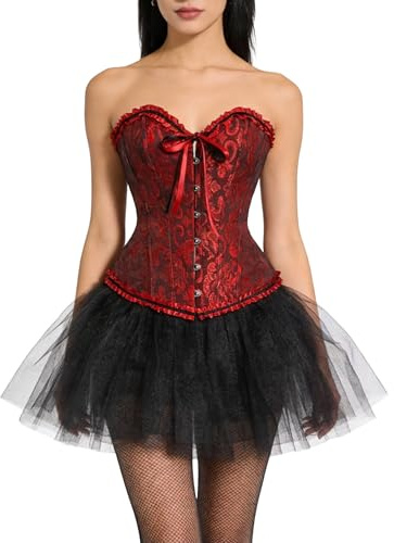 Corsetto sexy da donna in pizzo, vintage, gotico, guêpière, con ferretti in acciaio, biancheria in stile gotico, top in raso, con perizoma, S-3XL, rosso vivo, XXL-3XL