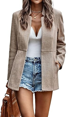 chouyatou Women's Casual Business Open Front Long Sleeve Notch Lapel Office Blazer Jacket (Small, Khaki)