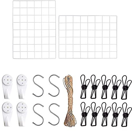 Genérico Rejilla Decoracion Pared Juego de 2,Rejilla de Pared Para Mostrar Fotos,Rejilla Metálica Para Decoracion Habitacion y Organizador Pared Escritorio (Blanco)
