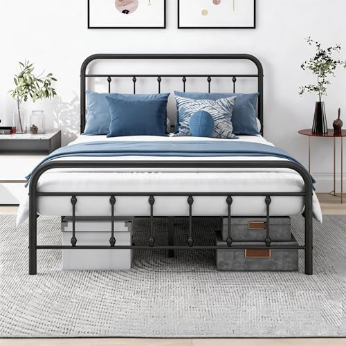 DUMEE Double Bed Frame with Storage and Headboard, Metal No Box Spring Needed, Enhanced Mattress Support, Noise Free, Black