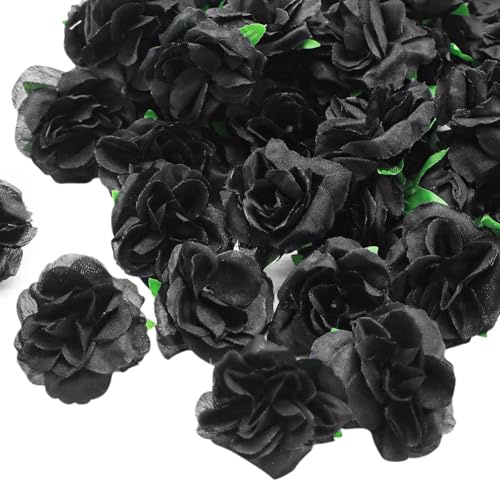 HXMJIED 50 mini teste di fiori neri, teste di rosa nera da 4 cm, teste di fiori di rosa artificiali, petali di rosa finti, fiori artificiali neri