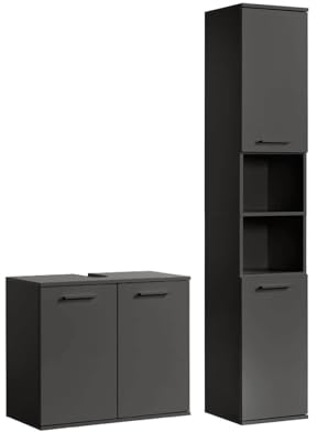 mokebo® Badmöbel Set 2-teilig aus Holz 'Der Steuermann', Badezimmer Set oder Komplettset mit Waschbeckenunterschrank und Hochschrank, Badezimmerschränke oder Badmöbel Garnitur in Anthrazit-Schwarz