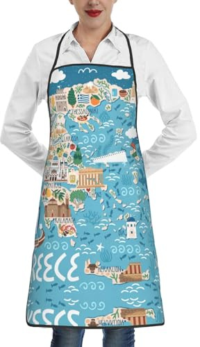 Luckily&Day Tablier de cuisine fantaisie avec poches pour femme - Motif carte de la Grèce - Blanc - Taille unique, Blanc, taille unique