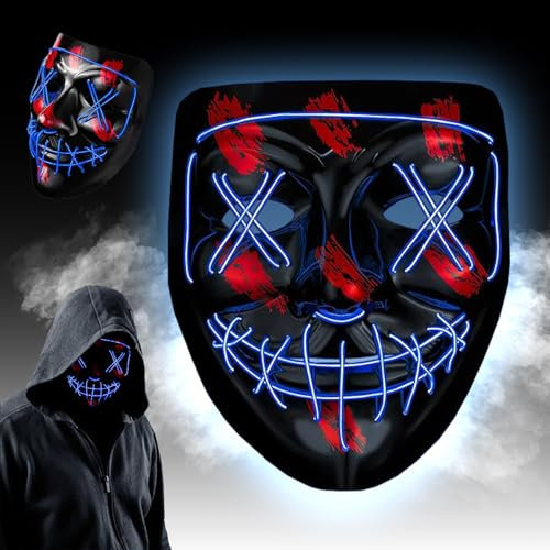 WELLXUNK Halloween LED Grusel Maske, LED Maske mit 3 Leuchtmodi, Neon Ma-ske, für Halloween, Fasching & Karneval (Blau)