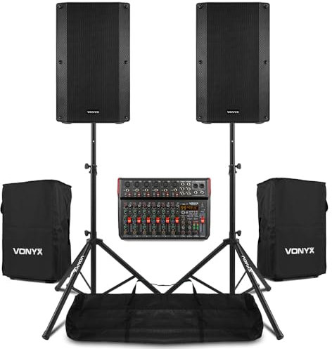 Vonyx Active PA System with Mixer, 2x 15 Inch 1000W Speakers, Tripod Stands, Covers & XLR Cables - Complete Band & Vocalist Live Sound Package