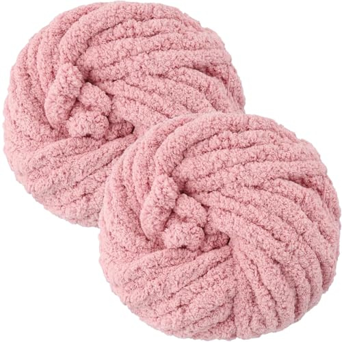 Pink Chunky Chenille Yarn 250G x 2, Chunky Wool for Knitting Crochet, 88Ft Length Soft Thick Chunky Wool for for Blanket Pet Bed Dolls Rug Bags Hats Pillow Cushions(Pink)