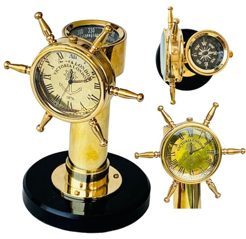 Orologio decorativo a forma di ruota di nave con bussola, realizzato a mano, in ottone, da tavolo, decorazione da tavolo