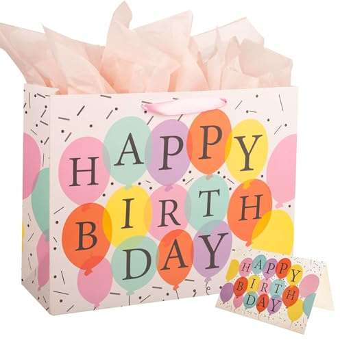 Large Birthday Gift Bag, Multicolor Gift bags for Presents, Medium Gifts Bag with 3 Tissue Paper and 1 Greeting Card for Men Women's Birthday Supplies, Presents Bags with Handles for Kids Adults