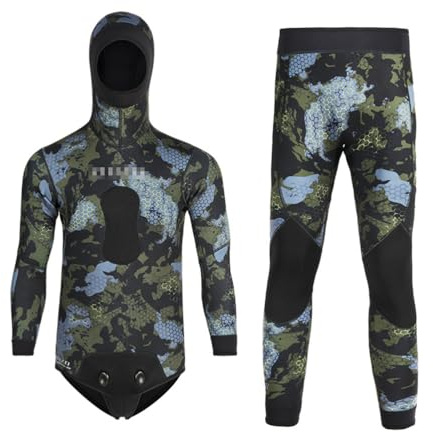 Muta da Uomo a Maniche Lunghe, 2 Pezzi in Neoprene 3mm Muta Mimetica con Cappuccio Integrato per Pesca Sub in Apnea, Snorkeling, Surf, Immersioni Subacquee - Giacca e Pantalone Completi M