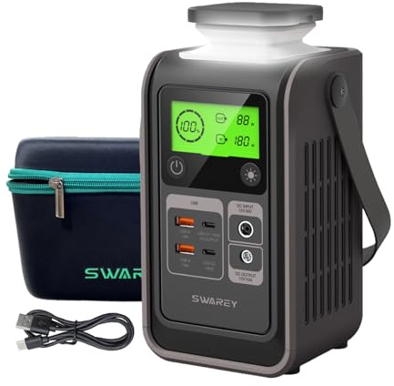 SWAREY Tragbare Powerstation, 192Wh LiFePO4 Akku Powerbank, 180W DC Power, PD 140W Beiseitige Schnellladung USB-C, Solargenerator für Camping Reisen Notfälle (Ohne Netzteil)