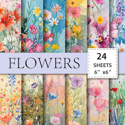 RAORAOYUE 24 Watercolor Flowers Scrapbook Decorative Paper, 6×6” Flower Garden Pattern Paper, Watercolor Pattern Papers for DIY Card Making Photo Album Journal Decor