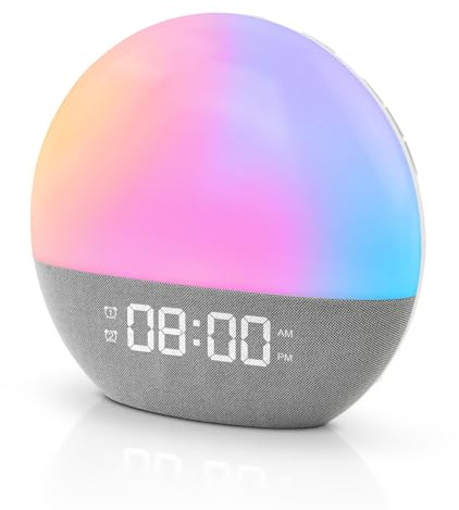 Focenat Despertador amanecer,Sunrise Alarm Clock,Despertador Luz Natural,Despertador Luz,Wake Up Light,10 Luces de Colores,24 Sonidos Naturales,Simulación de Amanecer y Atardece,Para Niños,Adultos