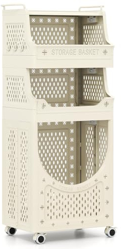 Multigot 3/4-Tier Laundry Basket on Wheels, Foldable Rolling Laundry Sorter Cart with Storage Shelves/Box and Hooks, Portable Wash Hamper Plastic Dirty Clothes Sorter Washing Basket (4 Tiers)