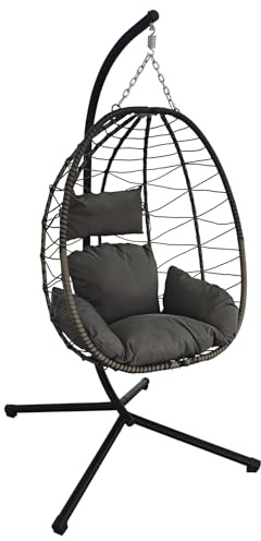 BIRCHTREE Hanging Egg Chair with Thick Cushions and Stand Garden Swing Hammock Chair Indoor Outdoor Sturdy Frame PE Rattan Single for Patio Balcony Grey