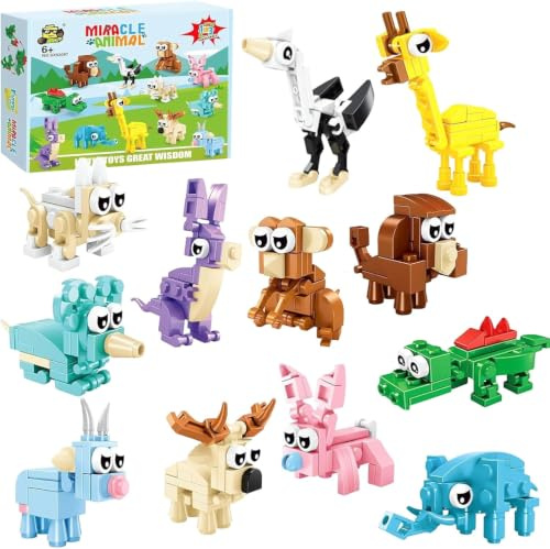 WFKKMEQ 12 Pièces Animaux Briques de Construction, Mini Ensemble de Construction Mini Bloc de Construction Jouet de Briques Animaux Jeux Créatifs Briques Cadeau d'anniversaire pour Filles et Garçons