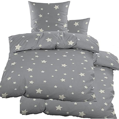 KH-Haushaltshandel 4-TLG. Biber Winter Bettwäsche 2X (135 x 200 + 80x80 cm), 100% Baumwolle, grau weiß,Sterne