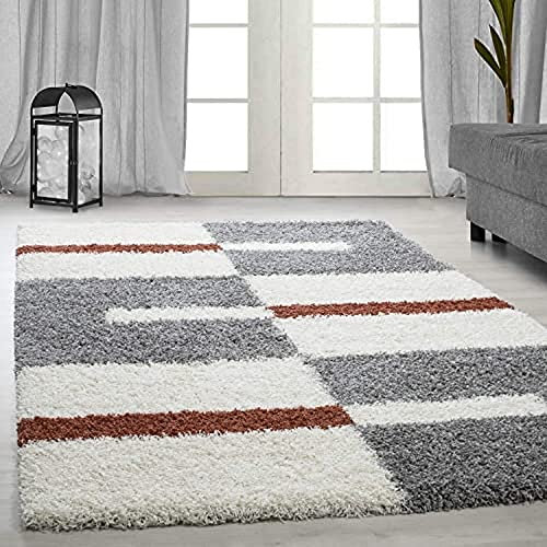 Ayyildiz Teppich-Hochflor Shaggy Teppich Karo Linien Muster Flauschig,Polypropylen, Terracotta, 280 X 370