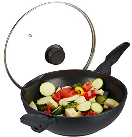 Relaxdays Wokpfanne mit Glasdeckel 30 cm, Wok mit Antihaftbeschichtung für Gas-, Elektroherd, Griff, 4 Liter, schwarz