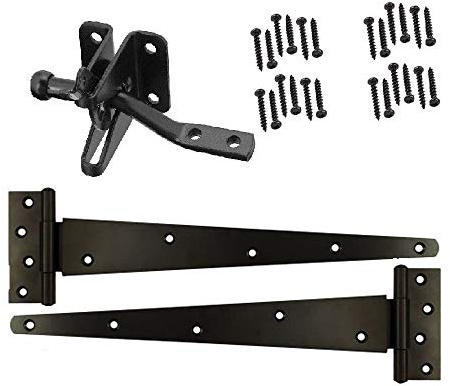 Merriway – 2er Set T-Scharniere Schwerlast 300mm & Automatik Tor-Riegel – Ladenband Türbeschlag aus Stahl Schwarz – Kreuzgehänge inkl. Befestigungsschrauben für Holztor, Gartentor & schwere Türen
