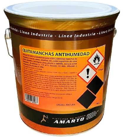 Pintura quitamanchas antihumedad.Pintura sintética al disolvente para aislar y eliminar manchas de humedad, humos, grasa, nicotina (4L)