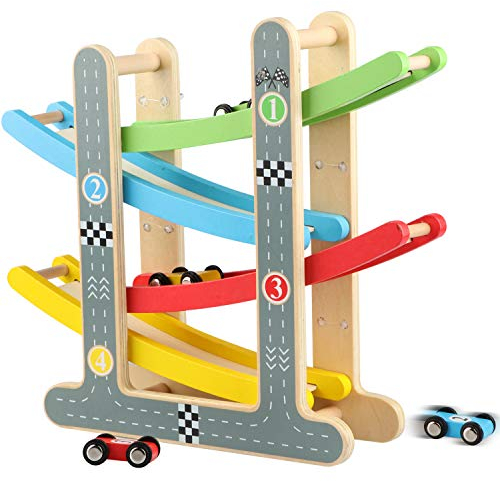 Jacootoys Spielzeug Autostrecke Set mit 4 Mini Autos Rennstrecke Holz Rennbahn Fahrzeuge Rennwagenbahn Holzrampe Racer für Kleinkinder 3 Jährige Mehrfarbig
